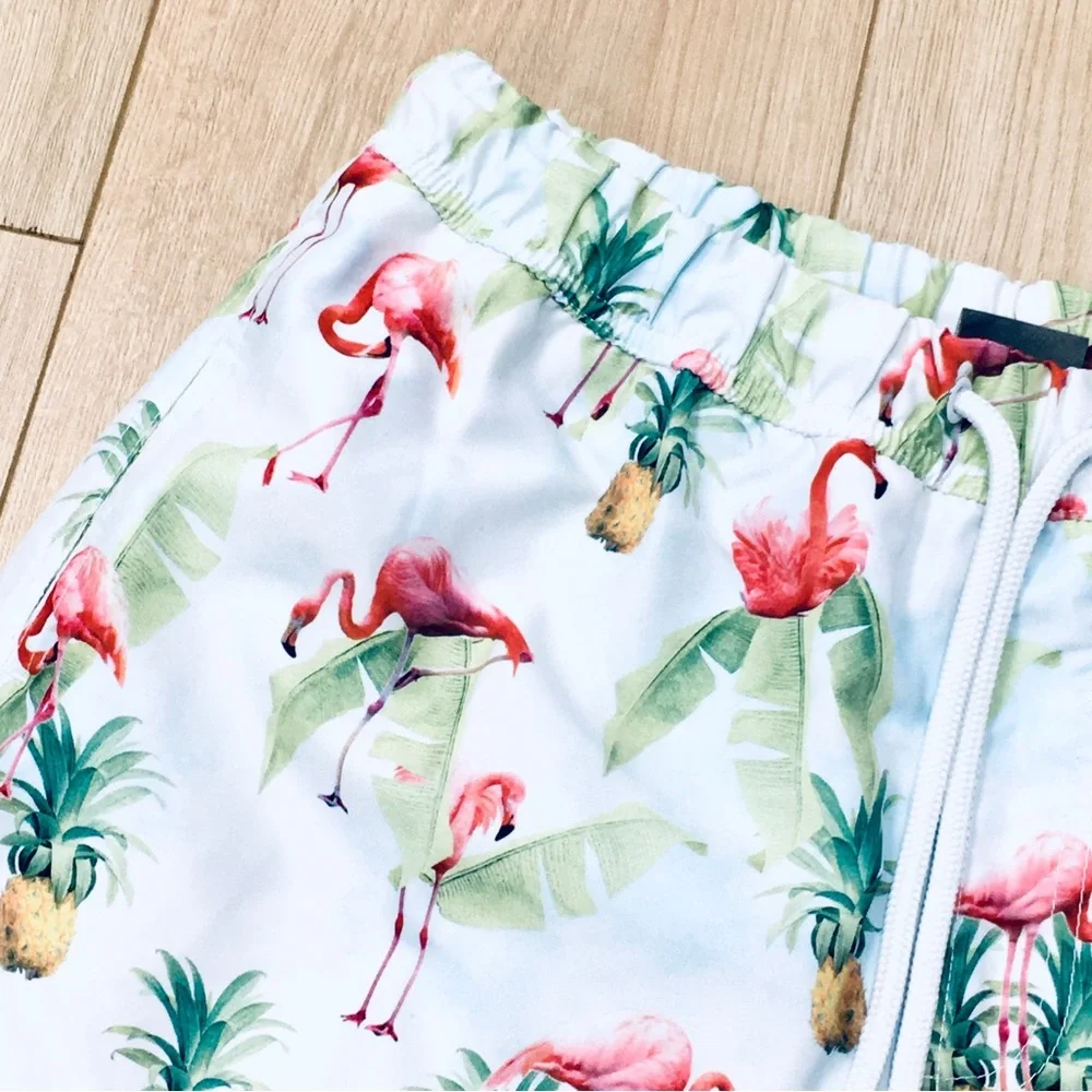 ASOS Men's White Print Swim Trunks shorts palm trees pineapples beachy small